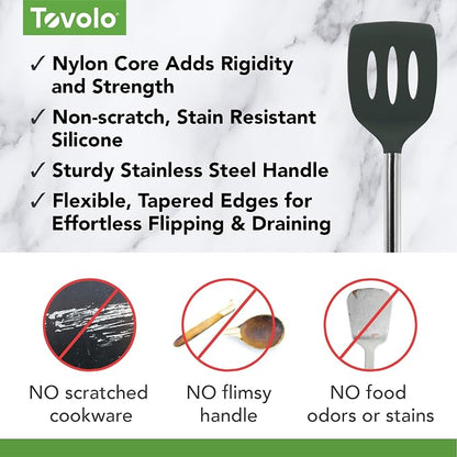 Tovolo Slotted Silicone Spatula Turner Slotted Stainless Steel Handle 10" Charcoal Gray Heat Resistant Non Toxic BPA Free Kitchen Utensil, Silicone Egg Pancake Flipper Metal Handle Turner for Cooking