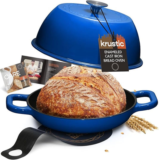 Krustic Enameled Cast Iron Dutch Oven for Sourdough Bread Baking | 6 Quart Round Pot with Lid | 10 Inch Ceramic Enamel Thick Coated Cookware Set with Non Stick Silicone Baking Mat for Cooking