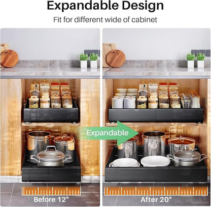 2 Pack Pull out Cabinet Organizer, Expandable(12"-20") Heavy Duty Slide out Drawer Fixed with Adhesive Nano Film for Pots, Roll out Shelf Storage for Kitchen Organization, Pantry, Bathroom(Black)