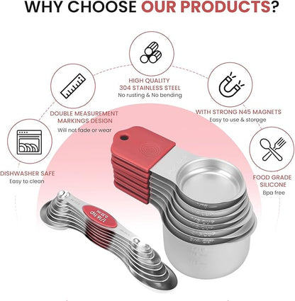 Magnetic Measuring Cups and Spoons Set-Heavy Duty 304 Stainless Steel，Double Measurement Markings，Set of 16 with Leveler for Measure Dry and Liquid Ingredients (Red)