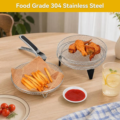 3pcs Round Air Fryer Racks, 8 inch Stainless Steel Stackable Air Fryer Basket Round Air Fryer Grill Rack with Silicone Feet & Clip Air Fryer Accessories for Air Fryer, Oven