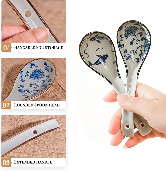 Asian Soup Spoons Chinese,3 PCS Ceramic Measuring Spoons for Rice Reman Noodle Wonton Miso Pho Dumpling,Gifts for Friends Family