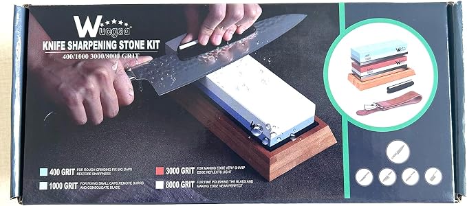 Wucgea Knife Sharpening Stone Kit - 400/1000 3000/8000 Grit Japanese Whetstone Set with Non-Slip Rubber Base, Angle Guide, Flattening Stone and Leather Strop