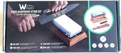 Wucgea Knife Sharpening Stone Kit - 400/1000 3000/8000 Grit Japanese Whetstone Set with Non-Slip Rubber Base, Angle Guide, Flattening Stone and Leather Strop