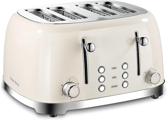 4 Slice Toaster Roter Mond Retro Stainless Steel with Bagel Defrost Cancel Function, 6 Browning Settings, Extre Wide Slot and Removable Crumb Tray, Cream, ST033