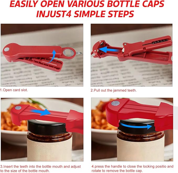 Jar Opener for Seniors with Arthritis, 7 in 1 Bottle Opener and Wine Corkscrew, Easy Grip Kitchen Gadget for Weak Hands Elderly, Retractable Jaw Lid Opener with Magnetic Storage (Red)