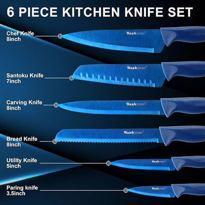 Wanbasion Blue Stainless Steel Knife Set, Sharp Kitchen Knife Set Professional, Kitchen Knife Set Dishwasher Safe with Covers for Cooking