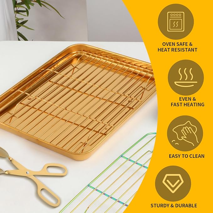DOCBLACK Baking Sheet with Wire Rack and BBQ Tong Set, Stainless Steel Cookie Sheet Baking Tray & Cooling Rack & 26cm Food Tong for Cooking and Oven, Dishwasher Safe-Rose Gold