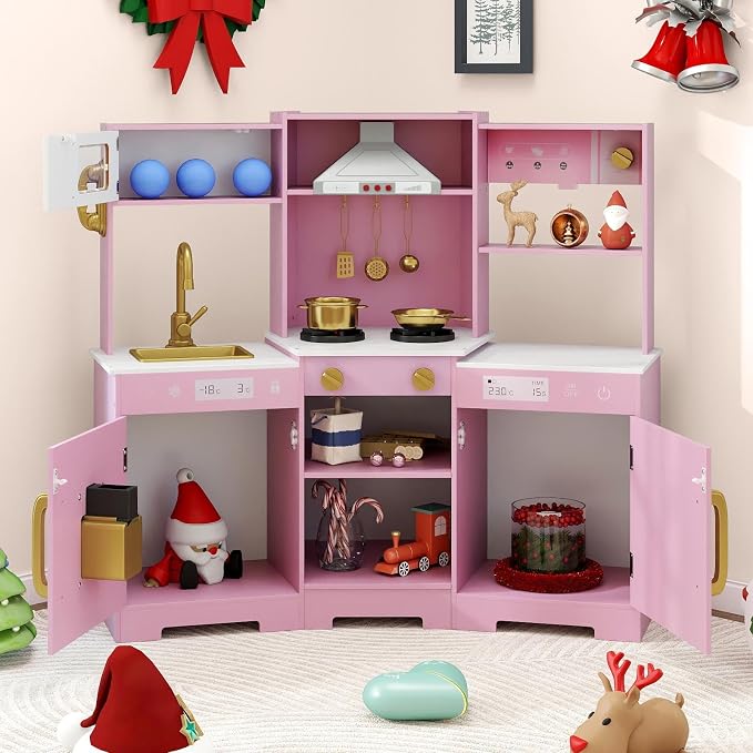 Costzon Corner Kids Kitchen Playset, Wooden Toy Kitchen Set w/Lights & Sounds Range Hood, Ice Maker, Pretend Telephone, Sink, Faucet, Microwave, Oven, Play Kitchen for Kids 3+ (Pink+Golden)