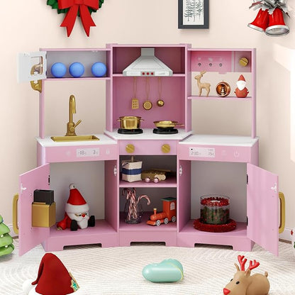 Costzon Corner Kids Kitchen Playset, Wooden Toy Kitchen Set w/Lights & Sounds Range Hood, Ice Maker, Pretend Telephone, Sink, Faucet, Microwave, Oven, Play Kitchen for Kids 3+ (Pink+Golden)