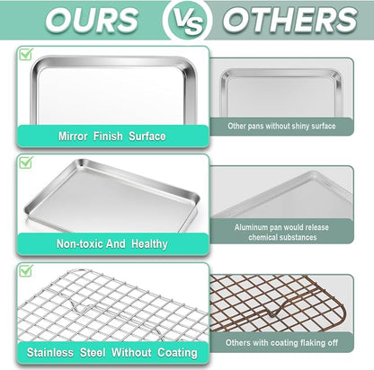 TeamFar Toaster Oven Pan with Cooling Rack Set, 10.5’’ x 8’’ x 1’’ Stainless Steel Compact Toaster Oven Small Baking Pan Tray with Mini Grid Rack, Non-Toxic & Heavy-Duty, Dishwasher & Oven Safe