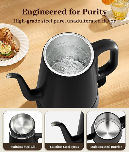 Gooseneck Electric Kettle 1L, 1000W Fast Boiling for Pour-Over Coffee & Tea, 304 Stainless Steel BPA-Free, Precise Flow Spout, Auto Shut-Off & Boil-Dry Protection, Retro Style (Black)