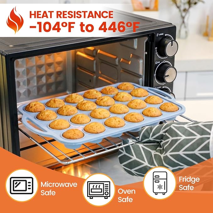 CAKETIME Mini Muffin Pan, Metal Reinforced Frame Mini Cupcake Pans 24 Cups Nonstick Muffin Silicone Molds with Handle for Baking Muffins, Cupcakes, Egg Bites 2 Pack