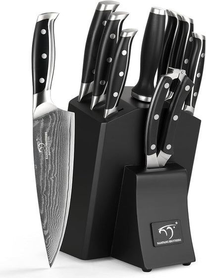 Damascus Kitchen Knife Set with Block, 9-Piece 67-Layer VG10 Damascus Steel Knife Set with Triple-Rivet Handles, Chef, Santoku, Utility, Bread & Paring Knives, Sharpener, Shears, Black