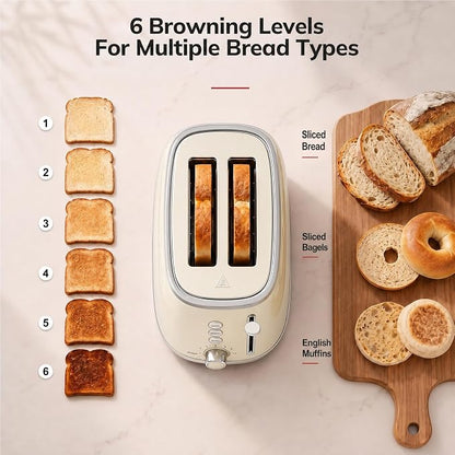 Toasters 2 Slice Retro Stainless Steel Toasters with Bagel, Cancel, Defrost Function and 6 Bread Shade Settings Bagel Toaster, Beige