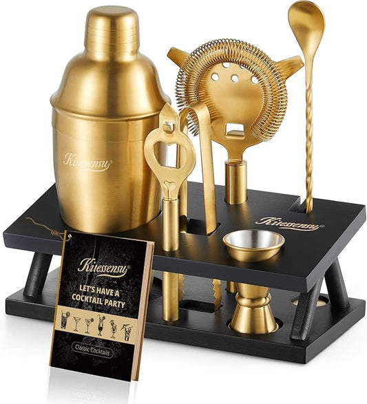 KITESSENSU Cocktail Shaker Set Bartender Kit, 6-Piece Silver Bar Set with Stand, Gold