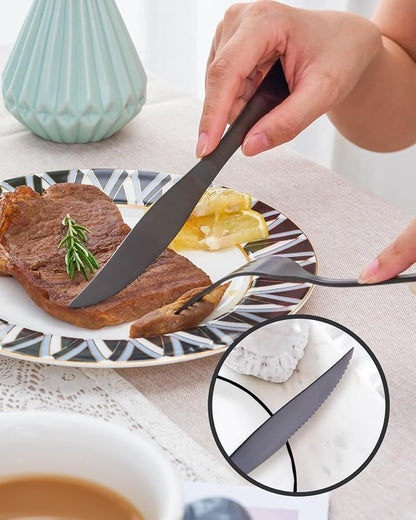 Matte Gold Silverware Set with Steak Knives,Stainless Steel Flatware Set for 6,Modern Cutlery Utensils Set,Spoons and Forks Set for Restaurant,Dishwasher Safe (Black, 36 Piece Set)