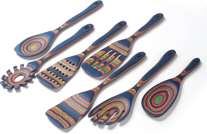 7 Pcs Wood Cooking Utensils Set, Wooden Kitchen Utensil Set for Cooking, Wooden Cooking Spoons & Spatulas, Safe for Non-Stick Cookware, Blue