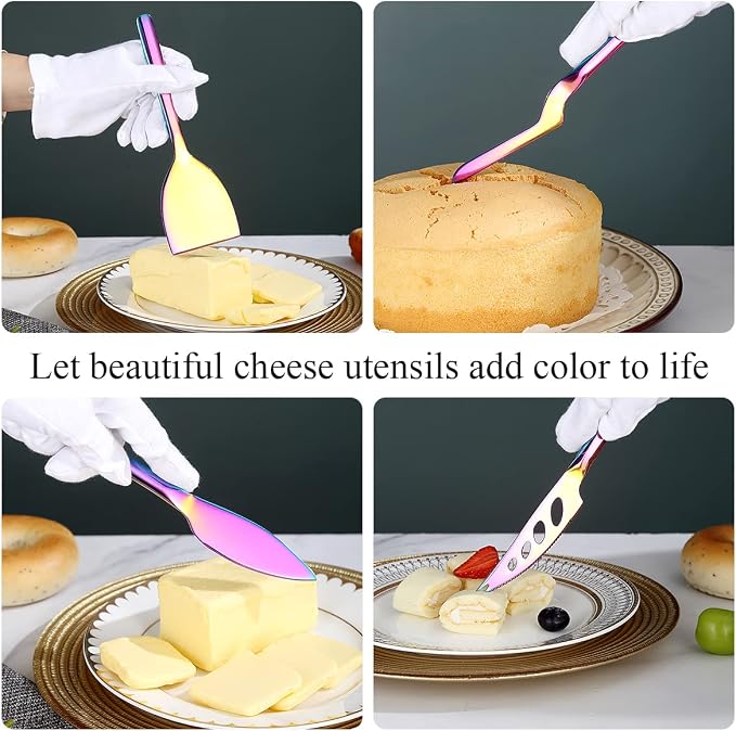 Berglander Rainbow Cheese Knife Set of 5 for All Types of Cheese, Colorful Titanium Plating Cheese Cutter Slicer Ergonomic Design for Confortable Grip and Cut, Butter Spreader Knife