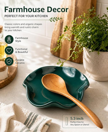 Miamolo Ceramic Spoon Rest for Kitchen Counter, Spoon Holder for Stove Top Coffee Bar, Cooking Utensil Holder, Cute Flatware Rests Heat Resistant & Dishwasher Safe for Housewarming Gifts, Dark Green