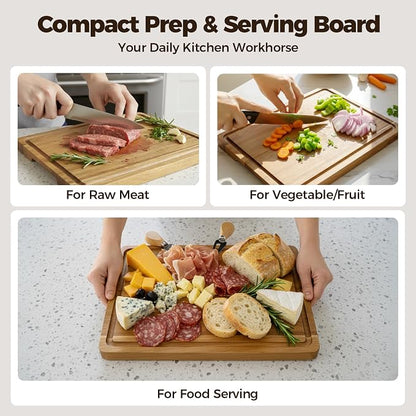 Acacia Wood Cutting Board for Kitchen - 13"x10" Everyday Chopping Board with Handles and Juice Grooves, Solid Wood Serving Tray for Cheese & Meat, Gift for Mom & Women