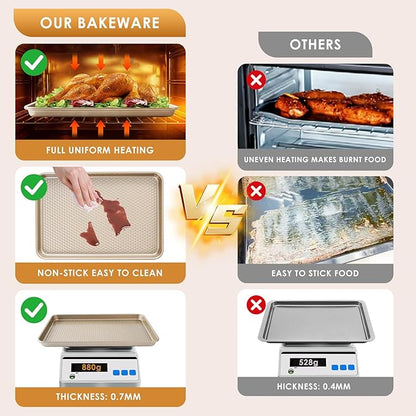 Baking Sheet Pan Set of 3, Nonstick Carbon Steel Cookie Sheets with Texture, Commercial Half/Quarter/Jelly Roll Pans Replacement Toaster Oven Tray, Heavy Duty & Easy Clean, Champagne Gold