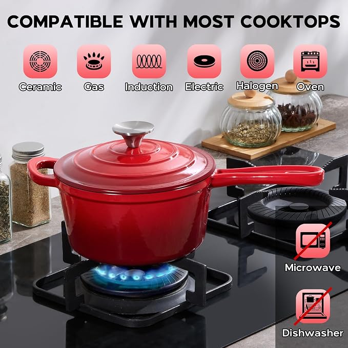 Onader 2QT Saucepan with Lid, Enameled Cast Iron Sauce Pan Pot, Small Dutch Oven Cooking Kitchen Pot, Nonstick & Heavy Duty – Red