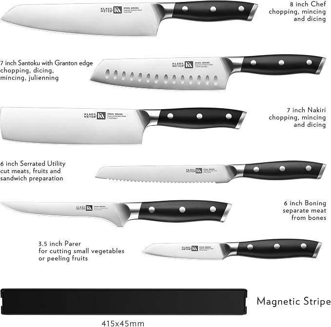 Klaus Meyer 7 Pieces Knife Set With Magnetic Knife Holder – German High Carbon Stainless Steel Full-Tang Kitchen Knife Sets, Rust-Resistant, Ultra Sharp