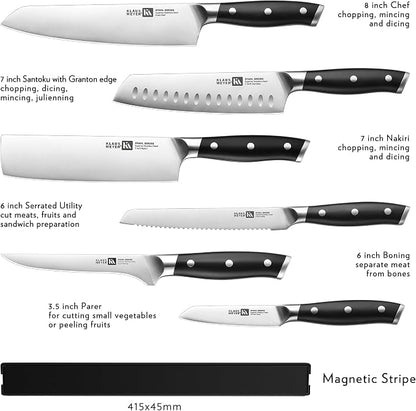 Klaus Meyer 7 Pieces Knife Set With Magnetic Knife Holder – German High Carbon Stainless Steel Full-Tang Kitchen Knife Sets, Rust-Resistant, Ultra Sharp