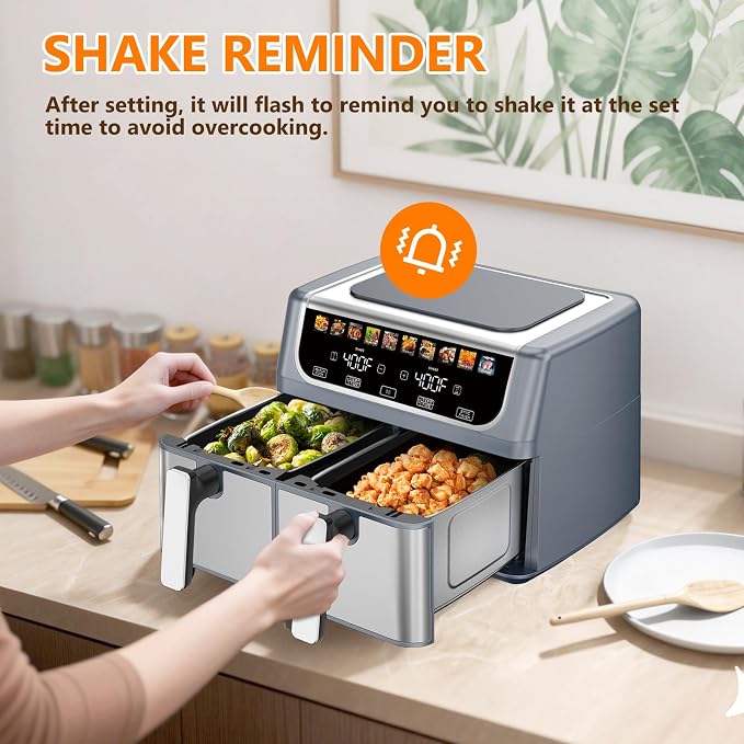 DUMOS Dual Air Fryer with 2 Baskets, 10-in-1 Large Airfryer 9QT with Ceramic Crisper Plate, Sync Finish & Match Cook, Shake Reminder, Wide Temperature 80-450°F, Roast Bake Defrost Dehydrate, Grey