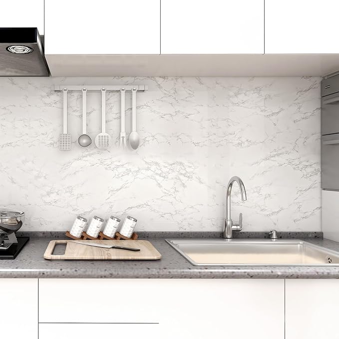 practicalWs Peel and Stick Marble Wallpaper 15.7'' x 236.2'' Marble Contact Paper for Cabinets and Drawers, White Gray Granite Self Adhesive Removable Kitchen Backsplash Vinyl Roll Wall Paper