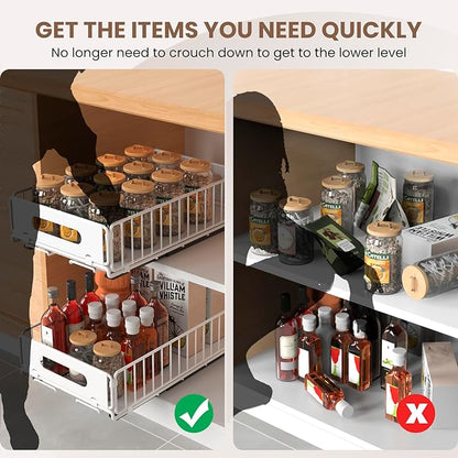 4 Pack Pull Out Cabinet Organizer, Heavy Duty Slide Out Drawer with No Drill Adhesive or Screw Mount, Carbon Steel Roll Out Shelf for Kitchen Cabinet, Pantry & Bathroom Storage