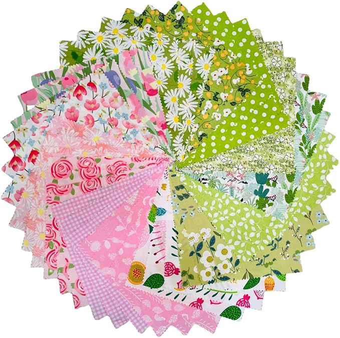 42-8" Precut Quilt Cotton Fabric Squares for Quilting Clearance Sewing DIY Project Floral Fabric Squares (Green Pink)