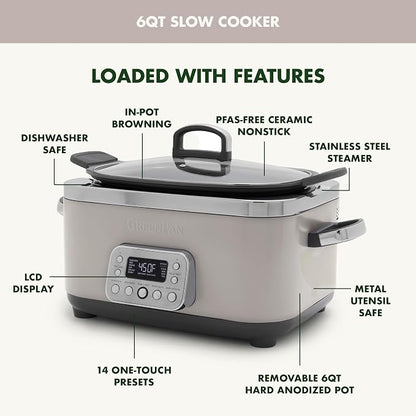 GreenPan Elite 14-in-1 Programmable 6QT Electric Slow Cooker, Dishwasher Safe Lid & Removable Crock, PFAS-Free Healthy Ceramic Nonstick Multi-Cooker, Sear, Sauté, Brown, Steam Basket, Roast, Clay