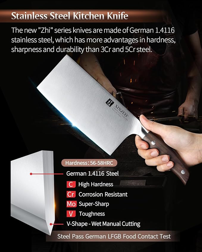 XINZUO Meat Cleaver Knife, 7 Inches German Stainless Steel Chef Cleaver Knife,Vegetable Meat Cleaver,Multifunction Chopper Butcher Knife,Chinese Chef Knife, Ultra Sharp, Red Sandalwood Handle