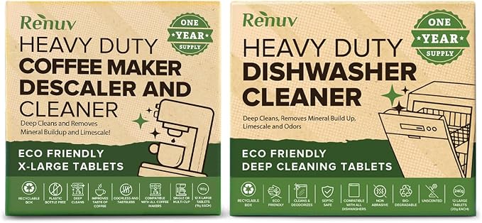 Renuv® Coffee Maker Cleaner + Dishwasher Cleaner Bundle | Heavy Duty, Kitchen Appliance Deep Cleaning, Descaling, 12 Tablets of Each