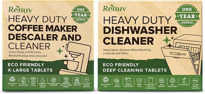 Renuv® Coffee Maker Cleaner + Dishwasher Cleaner Bundle | Heavy Duty, Kitchen Appliance Deep Cleaning, Descaling, 12 Tablets of Each