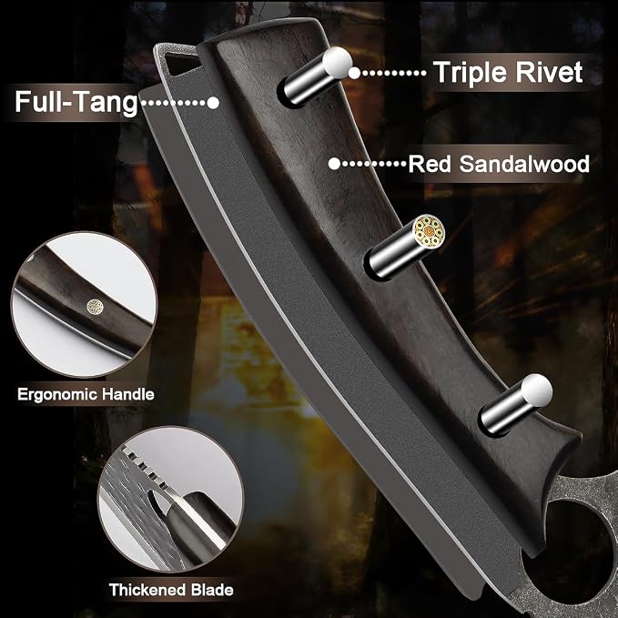 Ulu Knife with Sheath - Ultimate - Hand Forged Caveman Ultimo Knife with Full Tang Ergonomic Wooden Handle & Copper Inlay - BBQ Knives for Vegetables, Fruit, Pizza, and Outdoor Adventures