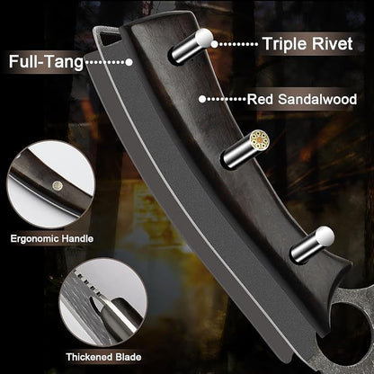 Ulu Knife with Sheath - Ultimate - Hand Forged Caveman Ultimo Knife with Full Tang Ergonomic Wooden Handle & Copper Inlay - BBQ Knives for Vegetables, Fruit, Pizza, and Outdoor Adventures