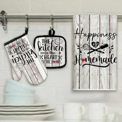 Sratte 6 Pcs Kitchen Decor Accessories Set Farmhouse Towels Pot Holders Oven Mitts Set 2 Dish Towels 2 Potholders 2 Cooking Mittens Oven Glove for Christmas Baking Cooking(White Wood Grain)