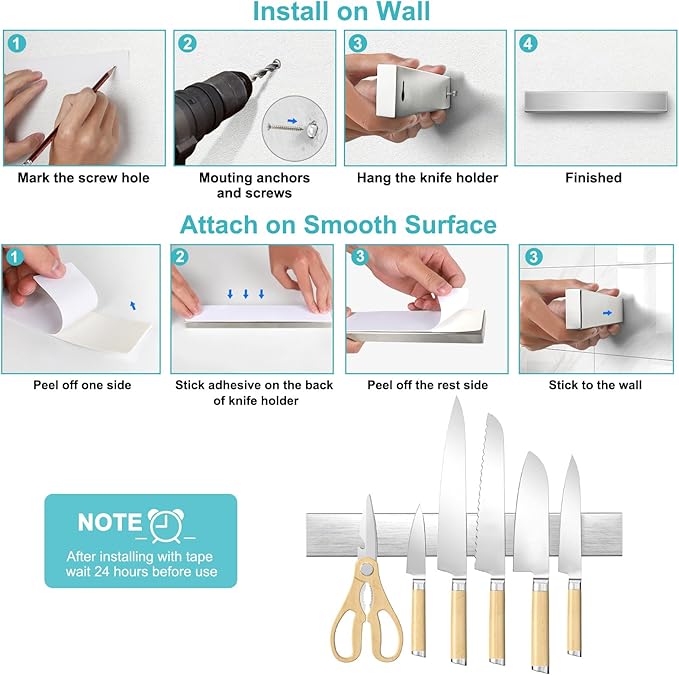 16 Inches Magnetic Knife Strip No Drill, Adhesive Magnetic Knife Holder for Wall, Magnet Knife Holder Wall Mount, Knife Bar Knife Rack Block for Metal Tools Utensils RV Kitchen Organizers and Storage