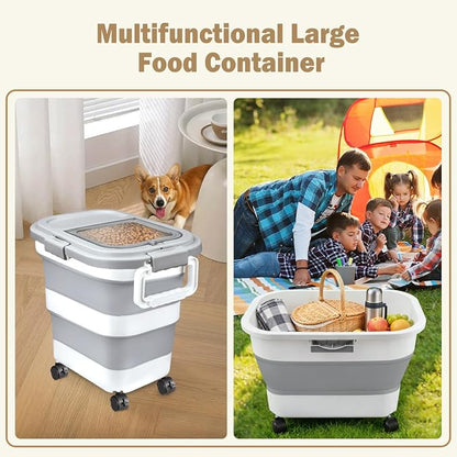 Komzon Rice Storage Container, Collapsible Airtight Food Storage Containers 20-30 Lbs, Rice Dispenser Bin with Cup and Scoop for Flour Cereal Pasta Grain, Cat Bird Pet Dog Food Storage Container
