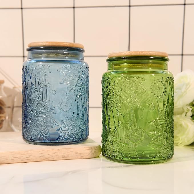 Custde Glass Storage Jars With Airtight Lid, 23.7oz Canister For Kitchen Counter with Bamboo Lid, brown sugar, candy, coffee, cookie, salt, tea,pantry cute Jar (Green, 23.7 fl oz)