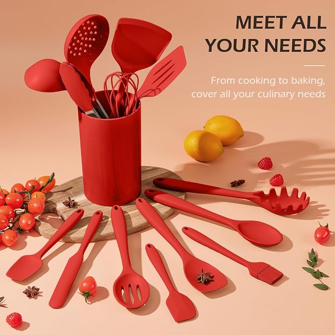 Homikit Kitchen Cooking Utensils Set with Holder, 15-Piece Silicone Spatula Set for Nonstick Cookware, 446°F Heat Resistant Spoon Turner Tong Whisk Brush for Cooking and Baking-Red