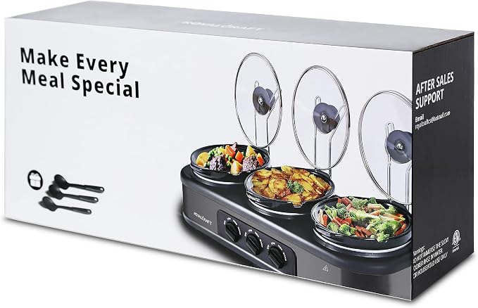 Sunvivi Triple Slow Cooker Buffet Server with 10 Cooking Liners, Adjustable Temperature Settings, for Parties, Holidays and Entertaining, Dishwasher Safe, 3 * 1.5 Quarts Grey