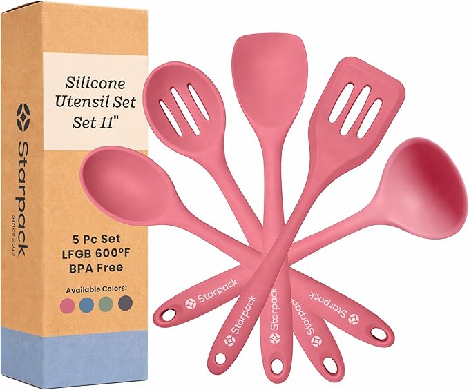 Starpack Stir and Serve Silicone Cooking Utensils Set (5-Piece, 11") - LFGB Non Toxic, 600°F Heat Resistant, BPA-Free - One-Piece Seamless, Dishwasher Safe - for Nonstick Cookware, Earthy Pink