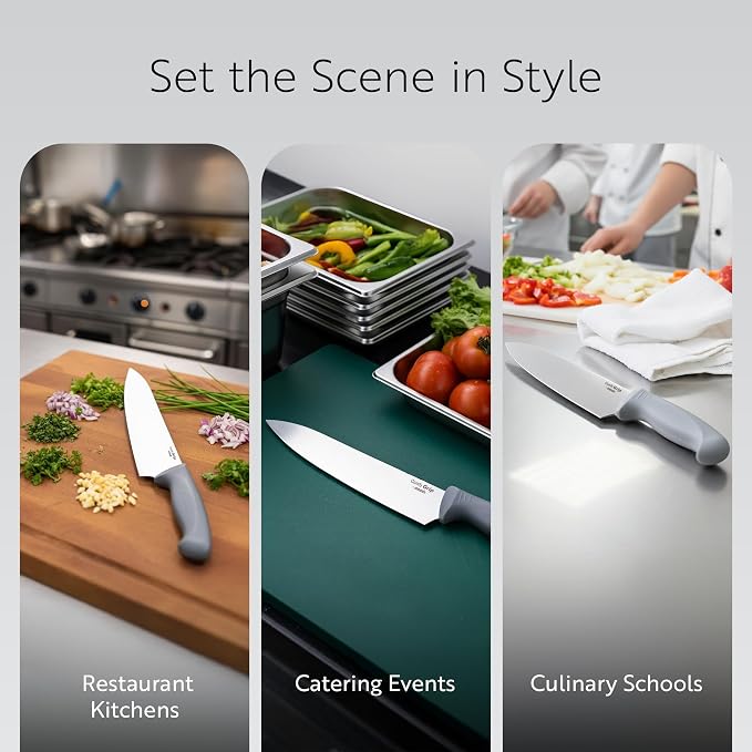 Restaurantware Comfy Grip 10 Inch Chef's Knife 1 Sharp Cooking Knife - Ergonomic Handle Non-Slip Grip Gray Stainless Steel Kitchen Knife Dishwashable Slice Dice Mince or Chop Ingredients