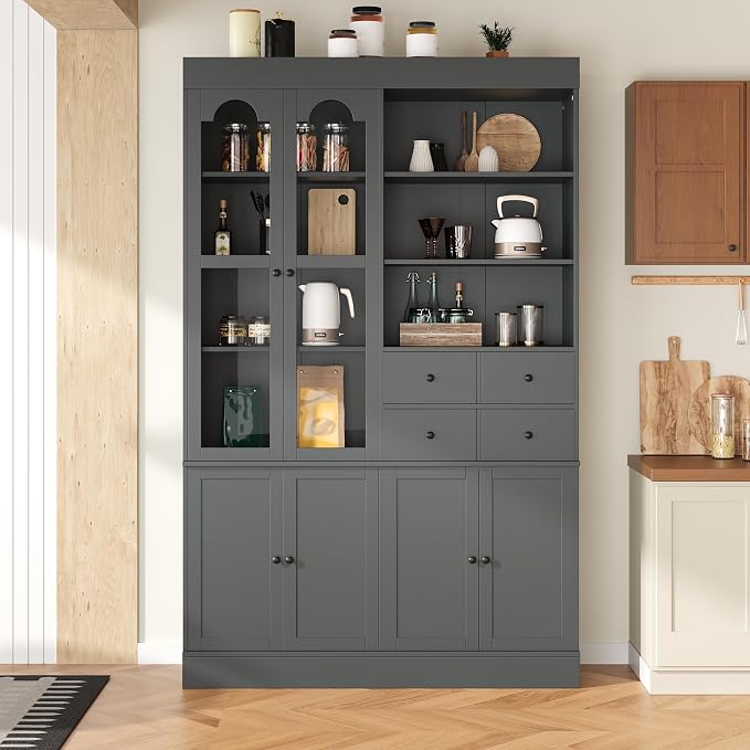 VilroCaz 75'' Tall Freestanding Kitchen Pantry Cabinet, Wood Large Cupboard Storage Buffet with Hutch, 4 Drawers, Door Shelves and Pull-Out Trays for Dining Room, Living Room (Gray-10.13)