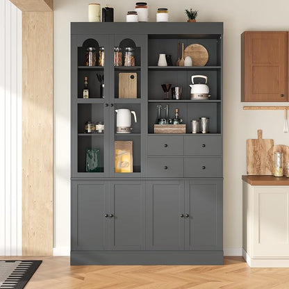 VilroCaz 75'' Tall Freestanding Kitchen Pantry Cabinet, Wood Large Cupboard Storage Buffet with Hutch, 4 Drawers, Door Shelves and Pull-Out Trays for Dining Room, Living Room (Gray-10.13)