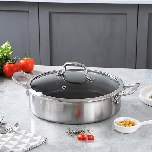 Yeksum 8-Quart Tri-Ply 18/10 Stainless Steel Saute Pan 13-Inch Nonstick Skillet with Lid, Even Heat, Induction Ready, Dishwasher & Oven Safe